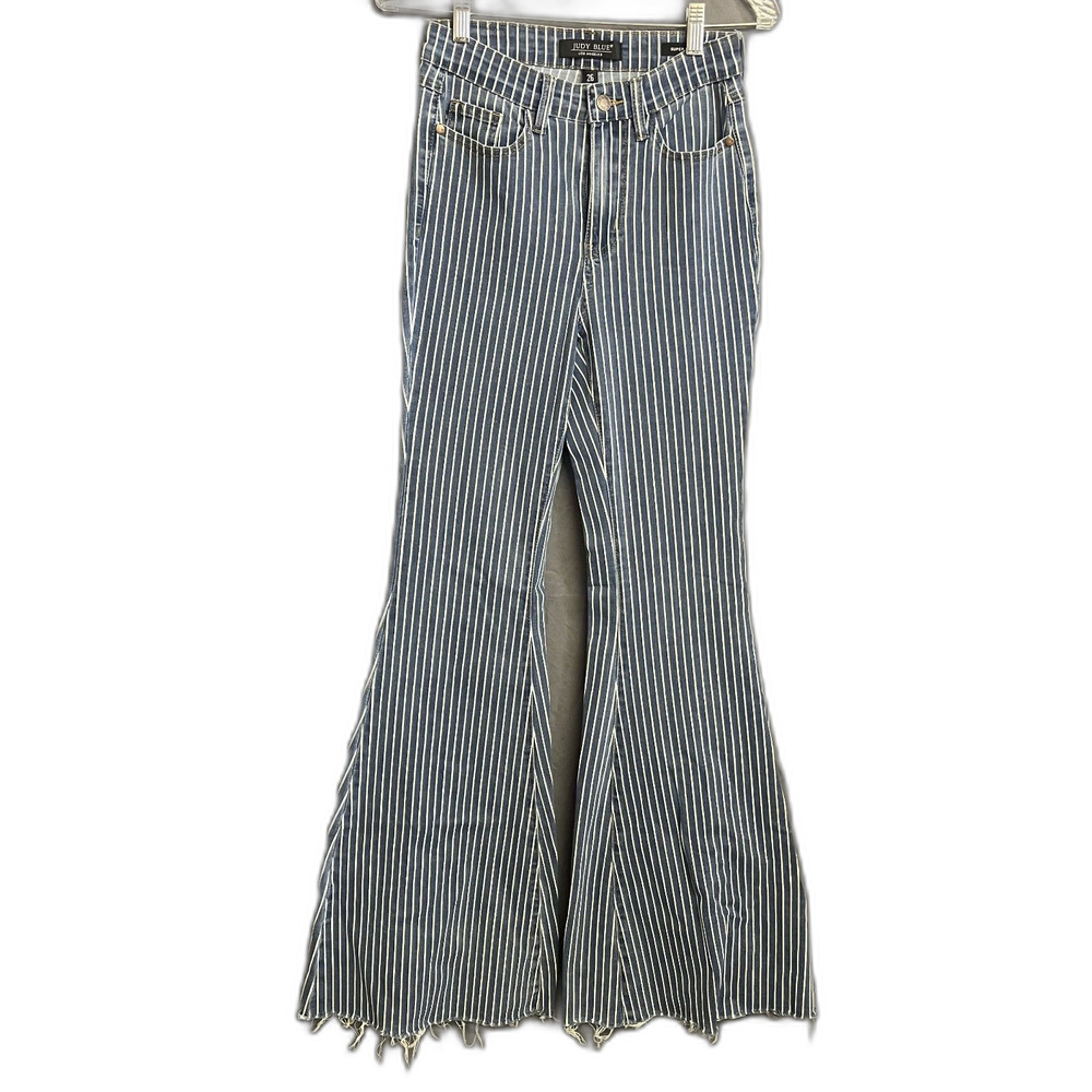 Judy Blue Super Flare Fit Jeans Striped Festival Rodeo High Rise Raw Hem sz 26